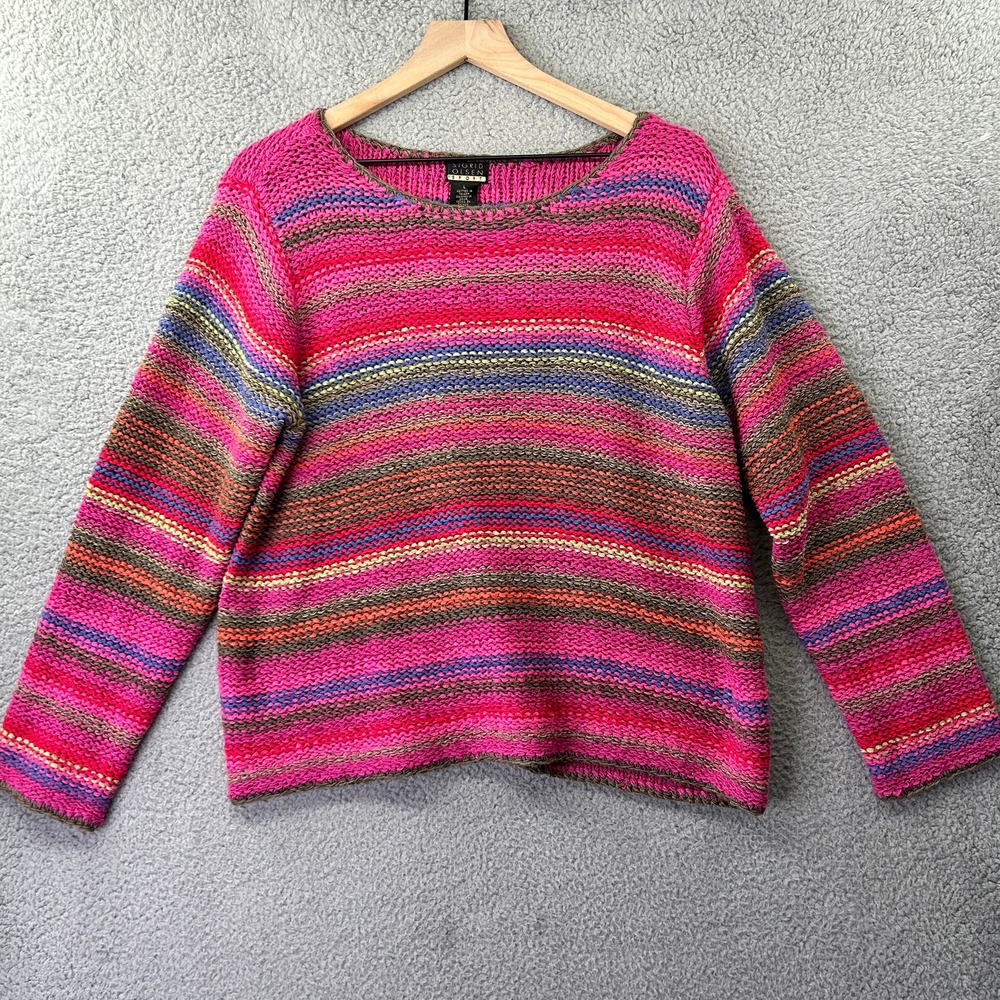 SIGRID OLSEN SPORT Sweater Womens L Large Pink Striped Pullover Casual Multi